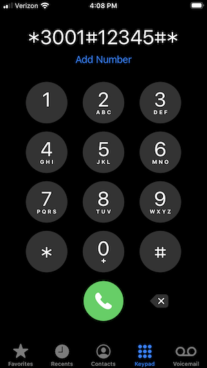 Dialing *3001#12345#* to access field test mode on an iPhone