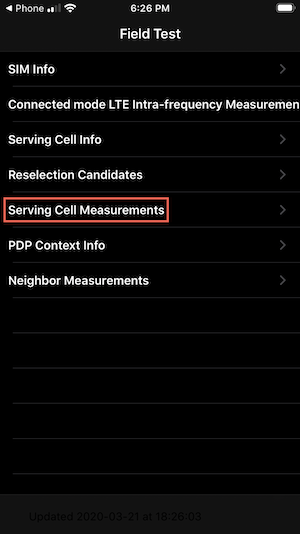 Tap field test mode's 'Serving Cell Info' option