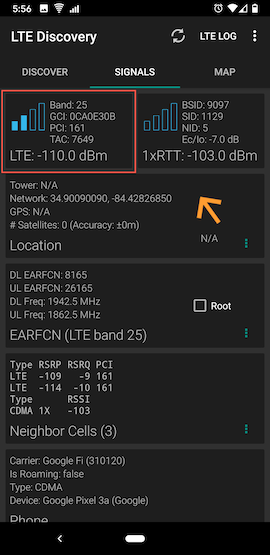 LTE Discovery for Android showing the signal strengths of LTE and 1xRTT connections