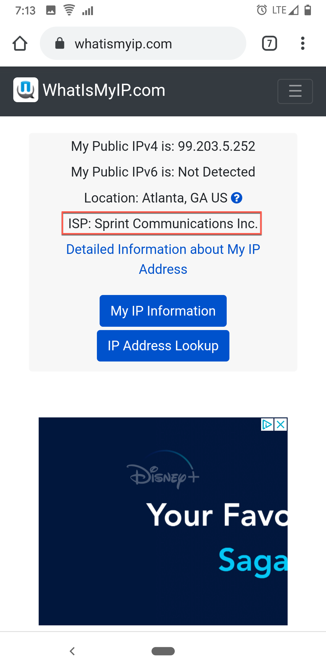 Using WhatIsMyIp.com verify which cellular network we're using for Internet access